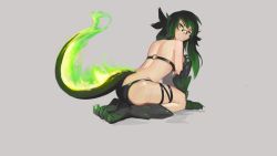 Rule 34 | 1girl, all fours, animal hands, ass, bare shoulders, black hair, bra, claws, commentary, english commentary, fiery tail, fire, from side, full body, fur, fusion, glasses, gradient hair, green eyes, green fire, green hair, green tail, grey background, grin, highres, leaning forward, long hair, looking at viewer, looking back, monster girl, monster girl encyclopedia, multicolored hair, o-ring, original, paintrfiend, panties, salamander (monster girl encyclopedia), simple background, sitting, smile, solo, tagme, tail, teeth, tharkis, thigh strap, underwear