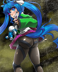 Rule 34 | 1girl, animal ears, ass, blue eyes, blue hair, from behind, highres, horse ears, horse tail, huge ass, latex, long hair, looking at viewer, looking back, mitsuki rintarou, pantyhose, sharp teeth, shiny clothes, smile, solo, spandex, spandex suit, tail, teeth, twin turbo (umamusume), twintails, umamusume, very long hair
