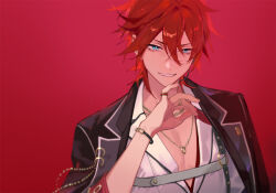 Rule 34 | 1boy, amagi rinne, blue eyes, bracelet, chain, chain necklace, coat, coat on shoulders, ensemble stars!, eyokiki, hair between eyes, jewelry, looking at viewer, male focus, necklace, open clothes, open coat, open mouth, pectorals, red background, red hair, ring, short hair, simple background, smile