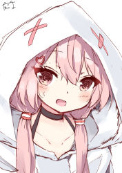 Rule 34 | 1girl, @ @, black choker, blush, choker, collarbone, hair between eyes, hair ornament, hamaru (s5625t), heart, heart hair ornament, hood, hood up, hoodie, long hair, looking at viewer, low twintails, open mouth, pink hair, red eyes, signature, simple background, solo, sweat, tomari mari, tomari mari channel, twintails, upper body, virtual youtuber, white background, white hoodie