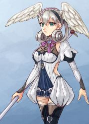 Rule 34 | 1girl, bad id, bad twitter id, blue background, braid, crown braid, curly hair, feathered wings, green eyes, head wings, highres, holding, long hair, melia antiqua, neck ribbon, nintendo, o-ring, parted lips, purple ribbon, ribbon, silver hair, simple background, solo, thighhighs, twintails, wasabi 222, white wings, wings, xenoblade chronicles 1, xenoblade chronicles: future connected, xenoblade chronicles (series)