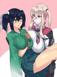 Rule 34 | 10s, 2girls, black legwear, blonde hair, blue hair, blush, breast press, breasts, capelet, carrying, cross, eye contact, gloves, graf zeppelin (kancolle), green eyes, grey eyes, hair between eyes, hair ribbon, highres, huge breasts, jacket, japanese clothes, kantai collection, kimono, looking at another, mizuumi (bb), multiple girls, necktie, pantyhose, pleated skirt, princess carry, ribbon, sidelocks, simple background, skirt, smile, souryuu (kancolle), symmetrical docking, twintails, yuri