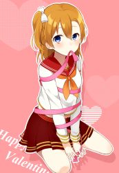 Rule 34 | 10s, 1girl, bad id, bad pixiv id, blue eyes, bow, chisumi, hair bow, happy valentine, heart, highres, kosaka honoka, long sleeves, looking at viewer, love live!, love live! school idol project, mouth hold, orange hair, ribbon, ribbon in mouth, school uniform, serafuku, side ponytail, sitting, skirt, solo, valentine, wariza, wrapped up