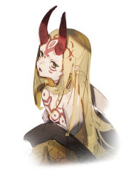 Rule 34 | 1girl, bare shoulders, blonde hair, body markings, facial mark, fang, fate/grand order, fate (series), half-closed eyes, highres, hit-kun, horns, ibaraki douji (fate), japanese clothes, kimono, long hair, looking at viewer, looking back, oni, oni horns, open mouth, pointy ears, red horns, simple background, sketch, skin fang, solo, third eye, upper body, white background, yellow eyes, yellow kimono