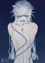 Rule 34 | 1boy, artist name, back tattoo, blue background, blue nails, blue theme, character request, cross, earrings, entangled, facing away, finger tattoo, forever 7th capital, from behind, hands on own neck, jewelry, male focus, nail polish, nape, nude, self hug, shigurefusawa, short hair with long locks, sidelocks, solo, tattoo, thorns, upper body, white hair