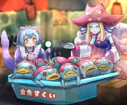 2girls blue_hair blue_kimono blue_skin box cardboard_box colored_skin creature detached_sleeves dragon_girl dragon_horns dragon_tail duel_monster fins fish_boy fish_girl gold_pride_-_captain_carrie goldfish_scooping grin hat hatano_kiyoshi head_fins highres horns japanese_clothes kimono laundry_dragonmaid maid marshmallon multiple_girls pirate pirate_hat poi_(goldfish_scoop) red_eyes smile summer_festival tail wa_maid yu-gi-oh!