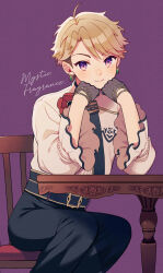 Rule 34 | 1boy, :3, absurdres, amagi hana, blonde hair, blush, brown hair, chair, earrings, elbow rest, elbows on table, english text, ensemble stars!, hands on own cheeks, hands on own face, head rest, highres, jewelry, long sleeves, looking at viewer, multicolored hair, narukami arashi, necktie, pants, purple background, sitting, smile, solo, table