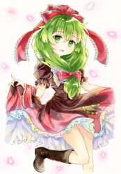 Rule 34 | 1girl, :d, arm ribbon, black footwear, bow, clothes lift, dress, dress lift, front ponytail, green hair, hair bow, hair ribbon, highres, kagiyama hina, lifted by self, long hair, looking at viewer, open mouth, painting (medium), red bow, red dress, red ribbon, ribbon, secchi, short sleeves, simple background, smile, solo, touhou, traditional media, two-tone dress, watercolor (medium), white background