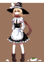 Rule 34 | 1girl, 60mai, adapted costume, alternate hair length, alternate hairstyle, apron, bad id, bad pixiv id, black dress, blonde hair, boots, capelet, dress, female focus, hands on own hips, hat, hat ribbon, kirisame marisa, long sleeves, looking at viewer, perfect cherry blossom, pigeon-toed, ribbon, scarf, short hair, smile, snow rabbit, solo, touhou, waist apron, witch hat, yellow eyes