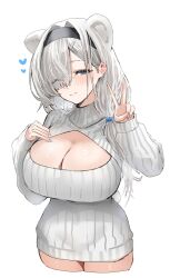 Rule 34 | 1girl, alternate costume, animal ears, arknights, aurora (arknights), bear ears, bear girl, blue eyes, blue nails, blush, breasts, cleavage, cleavage cutout, closed mouth, clothing cutout, commentary, grey hair, grey sweater, hair over one eye, hand on own chest, hand up, heart, highres, horn/wood, huge breasts, long sleeves, medium hair, parted bangs, puffy long sleeves, puffy sleeves, ribbed sweater, simple background, smile, solo, sweater, turtleneck, turtleneck sweater, upper body, v, white background