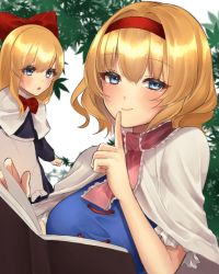 Rule 34 | 2girls, :o, alice margatroid, bad id, bad pixiv id, blonde hair, blue eyes, blue shirt, blush, book, bow, capelet, eyelashes, finger to mouth, hair bow, highres, light smile, looking at viewer, multiple girls, red bow, shanghai doll, shirt, short hair, touhou, yayoi maka