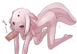 Rule 34 | 1girl, all fours, artist request, axolotl, blush, breasts, cum, disembodied penis, fellatio, hanging breasts, monster girl, nude, oral, original, penis, personification, salamander, simple background, solo focus, tail, uncensored, white background