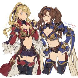 Rule 34 | 2girls, :d, :o, ^ ^, absurdres, alternate hairstyle, armor, beatrix (granblue fantasy), belt, belt buckle, black panties, black ribbon, blonde hair, blue eyes, blue hairband, braid, breasts, brown belt, brown hair, buckle, cape, cleavage, closed eyes, copyright name, cropped legs, gloves, granblue fantasy, hair ribbon, hairband, hairstyle switch, hands on own hips, high ponytail, highres, long hair, looking down, medium breasts, midriff, multiple girls, navel, open mouth, overskirt, panties, purple shorts, red cape, ribbon, shimatani azu, short shorts, shorts, shoulder armor, sketch, smile, standing, stomach, thighhighs, twintails, underwear, very long hair, waist cape, white background, yellow gloves, zeta (granblue fantasy), zettai ryouiki