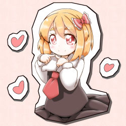 Rule 34 | 1girl, blonde hair, blush, bow, fingers together, hair bow, heart, index fingers together, long sleeves, looking at viewer, necktie, red eyes, red necktie, roco (katsuya1011), rumia, shirt, simple background, smile, solo, touhou, white shirt