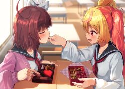 Rule 34 | 2girls, absurdres, ahoge, black sailor collar, blonde hair, blush, bow, breasts, candy, cardigan, chocolate, chocolate heart, classroom, closed eyes, desk, feeding, finger in another&#039;s mouth, food, hair bow, heart, highres, large breasts, looking at another, medium hair, multicolored hair, multiple girls, original, pink hair, ponytail, purple cardigan, red eyes, red hair, sailor collar, school desk, school uniform, shared food, shirt, smile, uniform, valentine, wanashi tam, white bow, white shirt, yuri