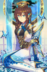 Rule 34 | 1girl, blue eyes, blush, boots, breasts, brown hair, bug, butterfly, chinese clothes, closed mouth, fantasy, floral print, hair between eyes, hand on own chest, headpiece, high heel boots, high heels, indoors, insect, jewelry, kibamigohann, long hair, looking at viewer, medium breasts, original, sitting, solo, yokozuwari