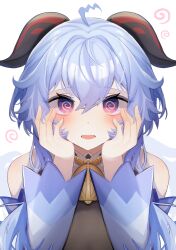Rule 34 | 1girl, @ @, absurdres, ahoge, bare shoulders, bell, blue hair, blush, detached sleeves, ganyu (genshin impact), genshin impact, hands on own cheeks, hands on own face, highres, horns, long hair, looking at viewer, neck bell, nekomiya mint, open mouth, purple eyes, sidelocks, solo, upper body, white background, white sleeves