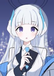 Rule 34 | 1girl, blue archive, blue necktie, book, breasts, city, city lights, collared shirt, formal, grey hair, halo, headphones, highres, holding, holding book, jacket, long hair, looking at viewer, medium breasts, mugenmarine, necktie, noa (blue archive), open clothes, open jacket, open mouth, purple eyes, shirt, suit, white jacket, white suit