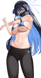 Rule 34 | 1girl, absurdres, alternate costume, arm strap, bare shoulders, bikini, bikini top only, black hair, black hat, black pants, blue archive, blue bikini, blue eyes, blue hair, blue halo, breasts, breath, colored inner hair, commentary request, gluteal fold, halo, hat, heavy breathing, highres, kitin, large breasts, long hair, looking at viewer, mask, micro bikini, midriff, mouth mask, multicolored hair, navel, pants, saori (blue archive), sideboob, simple background, skindentation, solo, standing, stomach, stretching, string bikini, sweat, swimsuit, two-tone hair, underboob, white background, yoga pants