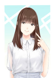 Rule 34 | 1girl, blouse, brown eyes, brown hair, facing viewer, hand up, highres, long hair, looking at viewer, nayuta69, original, see-through, see-through sleeves, shirt, shirt tucked in, skirt, smile, solo, upper body, white shirt, white skirt