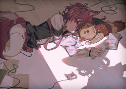 Rule 34 | 1girl, animal ear fluff, animal ears, arknights, black dress, dress, female focus, hair between eyes, long sleeves, looking at viewer, lying, on floor, on side, puffy long sleeves, puffy sleeves, red eyes, red hair, red medicine, shamare (arknights), sleeves past wrists, solo, stuffed animal, stuffed dog, stuffed toy, suzuran (arknights), tail, thighhighs, white thighhighs