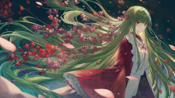 Rule 34 | 1girl, akinomiya asuka, blunt bangs, closed mouth, commentary request, flower, frilled sleeves, frills, green hair, highres, japanese clothes, kimono, long hair, mystical power plant, original, petals, red eyes, red flower, red kimono, red ribbon, ribbon, sleeves past fingers, sleeves past wrists, solo, suitokuin tenmu, touhou, very long hair