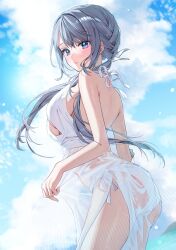 Rule 34 | 1girl, bare arms, bare shoulders, bikini, blue eyes, blush, breasts, chigusa minori, commentary request, dress, from behind, grey hair, hair ornament, highres, large breasts, long hair, looking at viewer, looking back, original, outdoors, parted lips, saotome shino (shino to ren), side-tie bikini bottom, sky, solo, swimsuit, thighs, white bikini, white dress