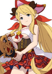 Rule 34 | 1girl, bare arms, belt, blonde hair, blue eyes, blush, breasts, closed mouth, corset, cowboy shot, granblue fantasy, hallessena, hat, holding, holding weapon, horns, long hair, medium breasts, mifuta, pleated skirt, pointy ears, red hat, red skirt, sidelocks, simple background, skirt, smile, solo, twintails, underboob, weapon, white background