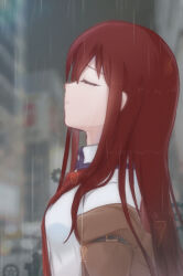 Rule 34 | 1girl, artist name, blurry, blurry background, breasts, brown jacket, closed eyes, collared shirt, eyelashes, from side, grey sky, highres, jacket, kanzaki nyo, long hair, makise kurisu, medium breasts, necktie, off shoulder, open clothes, open jacket, outdoors, rain, red hair, red necktie, shirt, sky, solo, steins;gate, twitter username, upper body, white shirt