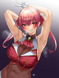 Rule 34 | 1girl, :d, absurdres, armpits, arms behind head, arms up, ascot, bare shoulders, blush, bodystocking, breasts, cleavage, covered navel, cropped vest, gem, glint, gloves, gradient background, green gemstone, grin, hair between eyes, hair ribbon, heterochromia, highres, hololive, houshou marine, kisaragi tsurugi, large breasts, leotard, leotard under clothes, long hair, looking at viewer, open mouth, orange eyes, purple background, purple hair, red ascot, red eyes, red ribbon, red vest, ribbon, see-through, see-through cleavage, see-through leotard, signature, sleeveless, smile, solo, steaming body, teeth, twintails, upper body, v, vest, virtual youtuber, white gloves