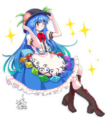 Rule 34 | 1girl, black footwear, black headwear, blue hair, blue skirt, boots, bow, bowtie, center frills, closed mouth, commentary, cross-laced footwear, food, frilled skirt, frills, fruit, full body, hands on headwear, highres, hinanawi tenshi, leaf, long hair, peach, puffy short sleeves, puffy sleeves, rainbow order, red bow, red bowtie, red eyes, short sleeves, simple background, skirt, smile, solo, star (symbol), touhou, umigarasu (kitsune1963), white background