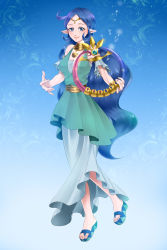 Rule 34 | 1girl, bare shoulders, blue background, blue eyes, blue hair, dress, harp, highres, instrument, long hair, looking at viewer, matching hair/eyes, music, musical note, nayru, nintendo, playing instrument, pointy ears, sandals, smile, solo, the legend of zelda, the legend of zelda: oracle of ages, wasabi (legemd)