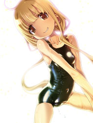 Rule 34 | 1girl, absurdres, bare arms, bare shoulders, blonde hair, blush, brown eyes, covered navel, dutch angle, futaba anzu, grin, highres, idolmaster, idolmaster cinderella girls, long hair, looking at viewer, low twintails, old school swimsuit, one-piece swimsuit, sakuya tsuitachi, school swimsuit, skin tight, smile, solo, swimsuit, twintails