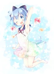 Rule 34 | 1girl, aizaki utau, alternate costume, arm up, bad id, bad pixiv id, barefoot, blue background, blue eyes, blue hair, blush, bow, cirno, dress, full body, gradient background, hair ornament, hair ribbon, highres, ice, ice wings, jumping, looking at viewer, matching hair/eyes, one eye closed, open mouth, ribbon, short hair, sleeveless, smile, solo, star (symbol), touhou, wings
