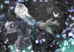 Rule 34 | 1boy, brown gloves, bug, butterfly, gloves, grey background, haitaka no psychedelica, hexagonics, hugh (haitaka no psychedelica), insect, jacket, long sleeves, male focus, outstretched hand, pale skin, smile, solo, standing, white hair