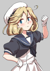 Rule 34 | 1girl, arm up, blonde hair, blue eyes, blue sailor collar, clenched hand, dress, futatsuki hisame, gloves, grey background, hat, highres, janus (kancolle), kantai collection, looking at viewer, parted bangs, puffy short sleeves, puffy sleeves, sailor collar, sailor dress, sailor hat, short hair, short sleeves, simple background, smile, solo, upper body, white dress, white gloves, white hat
