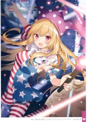 Rule 34 | 1girl, absurdres, adapted costume, american flag dress, american flag legwear, arm up, artist request, bare shoulders, blonde hair, blue dress, blue pantyhose, blush, breasts, clownpiece, danmaku, detached sleeves, dress, earth (planet), fang, hat, highres, holding, holding torch, jester cap, laser, light particles, long hair, looking at viewer, medium breasts, moon, neck ruff, no shoes, open mouth, pantyhose, planet, polka dot, polka dot headwear, purple hat, red dress, red eyes, red pantyhose, short dress, short sleeves, solo, space, star (symbol), star print, striped clothes, striped dress, striped pantyhose, thighs, torch, touhou, translation request, white dress, white pantyhose
