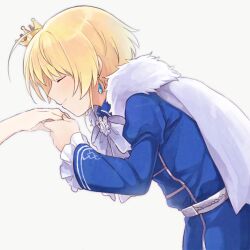Rule 34 | 1boy, 1other, belt, blonde hair, blue shirt, bow, brooch, capelet, closed eyes, closed mouth, crown, crystal earrings, earrings, from side, harukawa (aonori1022), idolmaster, idolmaster side-m, jewelry, juliet sleeves, kiss, kissing hand, long sleeves, male focus, mini crown, pierre bichelberger, puffy sleeves, shirt, white background
