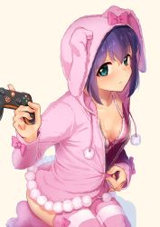 Rule 34 | 1girl, :&lt;, animal hood, blue eyes, blush, bow, bra, breasts, breasts apart, closed mouth, collarbone, commentary request, controller, drawstring, game controller, heart, holding, holding controller, hood, idolmaster, idolmaster million live!, index finger raised, jacket, kamille (vcx68), long sleeves, looking at viewer, medium breasts, mochizuki anna, no pants, partially unzipped, pink background, pink bow, pink bra, pink jacket, pink legwear, pom pom (clothes), purple hair, rabbit hood, seiza, short hair, simple background, sitting, solo, striped clothes, striped legwear, striped thighhighs, thighhighs, underwear, undressing, unzipping, zipper pull tab
