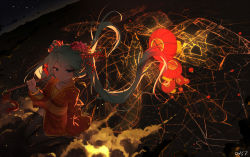 Rule 34 | 1girl, above clouds, arm at side, artist name, beads, black thighhighs, blue eyes, bracelet, carrying over shoulder, chinese clothes, choker, city, closed mouth, cloud, floating hair, flower, from above, green hair, hair ornament, hatsune miku, holding, jewelry, kanzashi, lantern, light particles, long hair, long sleeves, night, night sky, paper lantern, qys3, revision, sash, signature, sitting, sky, solo, star (sky), swept bangs, thighhighs, twintails, very long hair, vocaloid, wariza, wide sleeves