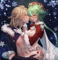 Rule 34 | 1boy, 1girl, abs, absurdres, albedo (genshin impact), animal ears, bell, blonde hair, blue eyes, blush, candy, candy cane, cape, capelet, food, garter straps, genshin impact, glasses, gloves, half-closed eyes, hand on thigh, highres, jingle bell, low ponytail, mintmoon belle, navel, nipples, open clothes, sitting, sitting on lap, sitting on person, snowflakes, sucrose (genshin impact), thighhighs
