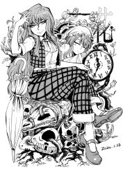 Rule 34 | 1girl, chain, clock, crossed legs, dated, dual persona, closed eyes, greyscale, hair between eyes, hat, heran hei mao, kazami yuuka, kazami yuuka (pc-98), long hair, looking at viewer, mary janes, monochrome, nightcap, open clothes, open vest, pants, pile of skulls, pillow, plaid, plaid pants, plant, pocket watch, roman numeral, roots, shoes, short sleeves, sitting, skull, sleeping, smile, touhou, touhou (pc-98), vest, vines, watch, white background