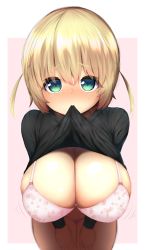 Rule 34 | 1girl, aqua eyes, bare legs, black shirt, blonde hair, border, bra, breast focus, breasts, cleavage, clothes lift, cowboy shot, facing viewer, floral print, hair between eyes, hands on own thighs, highres, huge breasts, leaning forward, lifting own clothes, long sleeves, looking at viewer, mouth hold, original, outside border, panties, pink background, pink bra, pink panties, print bra, shirt, shirt lift, short hair, short twintails, shortstack, simple background, solo, sweat, thighs, twintails, underwear, watari1118
