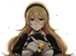 Rule 34 | 1girl, black hairband, blonde hair, closed mouth, corrin (female) (fire emblem), corrin (fire emblem), fire emblem, fire emblem fates, frown, hair between eyes, hairband, long hair, looking at viewer, nintendo, pointy ears, red eyes, signature, simple background, slit pupils, solo, upper body, very long hair, white background, yori (a a yori)
