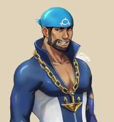 Rule 34 | 1boy, anchor necklace, archie (pokemon), bandana, beard, blue bandana, blue bodysuit, bodysuit, brown hair, chain necklace, chips n cookies, commentary, creatures (company), dark-skinned male, dark skin, diving suit, facial hair, game freak, jewelry, logo, male focus, multicolored bodysuit, multicolored clothes, muscular, muscular male, mustache, necklace, nintendo, pectoral cleavage, pectorals, pokemon, pokemon oras, popped collar, short hair, signature, smile, solo, team aqua, teeth, torn bodysuit, torn clothes, upper body, wetsuit, white bodysuit