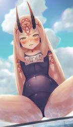 Rule 34 | 1girl, blonde hair, blue sky, blush, cloud, crotch seam, day, fate/grand order, fate (series), female focus, highres, horns, ibaraki douji (fate), long hair, looking at viewer, mutsuki albino, old school swimsuit, one-piece swimsuit, oni, oni horns, outdoors, school swimsuit, sitting, sky, solo, swimsuit, taut clothes, taut swimsuit, yellow eyes