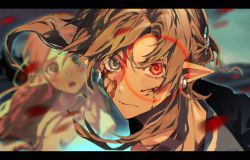 Rule 34 | 1boy, 1girl, bare shoulders, blonde hair, blood, blood on face, blurry, blurry background, blurry foreground, breasts, dress, earrings, grey eyes, hair between eyes, heigou010703, highres, injury, jewelry, letterboxed, link, long hair, looking at viewer, low ponytail, medium breasts, medium hair, nintendo, open mouth, parted bangs, pointy ears, princess zelda, red eyes, strapless, strapless dress, the legend of zelda, the legend of zelda: breath of the wild, upper body, white dress