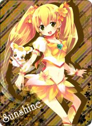 Rule 34 | 10s, 1girl, bad id, bad pixiv id, blonde hair, blush, boots, bow, brooch, brown background, brown eyes, character name, chiruku, cure sunshine, heart, heart brooch, heartcatch precure!, jewelry, knee boots, long hair, magical girl, midriff, myoudouin itsuki, navel, open mouth, potpourri (heartcatch precure!), precure, skirt, solo, twintails, very long hair, wrist cuffs, yellow bow, yellow eyes, yellow skirt, yellow theme