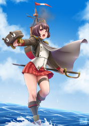 Rule 34 | 10s, 1girl, bob cut, brown hair, cape, doctor zexxck, garrison cap, hat, highres, ironclad huascar, kantai collection, machinery, open mouth, original, peru, red eyes, short hair, skirt, solo, standing, standing on liquid, sword, turret, uniform, weapon