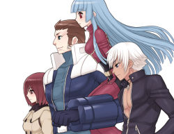 Rule 34 | 2boys, 2girls, androgynous, blue eyes, blue hair, brother and sister, brown hair, cross, folks (nabokof), green eyes, jewelry, k&#039; (kof), kula diamond, long hair, maxima, multiple boys, multiple girls, necklace, open clothes, open shirt, profile, red eyes, red hair, shirt, short hair, siblings, sitting, snk, suspenders, the king of fighters, whip (kof), white hair